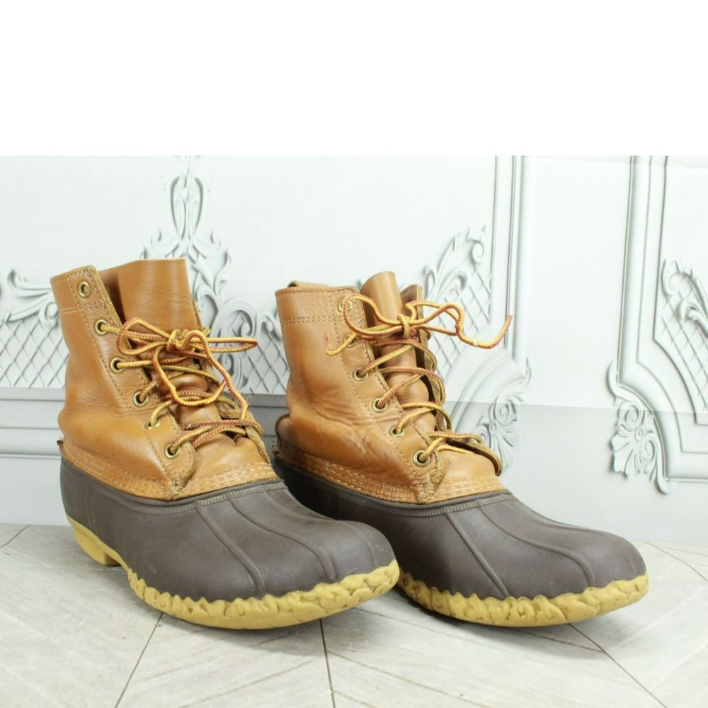 LL Bean Brown Leather Lace Up Unlined Ankle Duck Boots Size 7 M - Picture 3 of 9